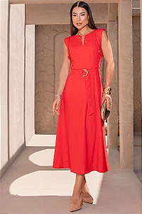 VESTIDO IRANI LINHO COM FAIXA E BOTÃO - VERMELHO