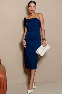 VESTIDO MIDI  DETALHE UM OMBRO SAMARA - AZUL MARINHO