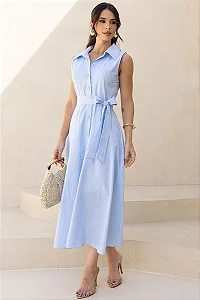 VESTIDO CASSIANA MIDI LISTRADO COM BOTÃO - AZUL