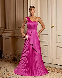 VESTIDO DE FESTA UM OMBRO CREPE VOGUE - FÚCSIA