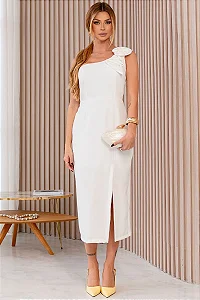 VESTIDO CELINY MIDI COM DETALHE FLOR - OFF WHITE