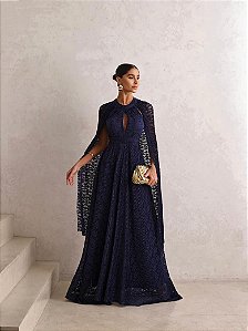 VESTIDO DE FESTA ANGRA RENDA COM CAPA REMOVÍVEL - AZUL MARINHO
