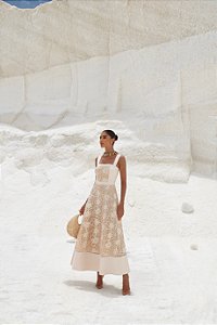 VESTIDO LONGUETE IPANEMA RENDA BORDADA - AREIA