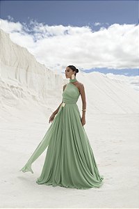 VESTIDO DE FESTA LONGO GRÉCIA COM FIVELA - VERDE PISTACHE