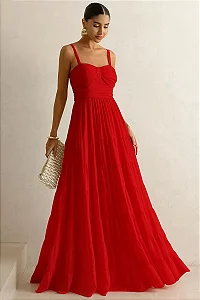 VESTIDO FLÁVIA LONGO DRAPEADO CHIFFON - VERMELHO