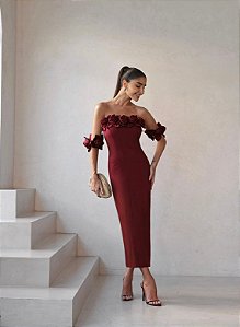 VESTIDO INGLATERRA MIDI DETALHE FLORES - MARSALA