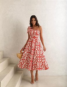 VESTIDO MIDI UM OMBRO BALDOSA - VERMELHO