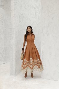 VESTIDO LONGUETE BARRA BORDADA - TERRACOTA