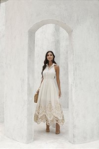 VESTIDO LONGUETE BARRA BORDADA - OFF WHITE