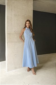 VESTIDO LONGUETE BOTÕES FRENTE ÚNICA COM GOLA - AZUL CLARO