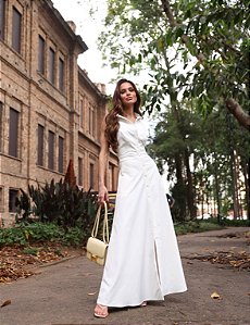 VESTIDO LONGUETE BOTÕES FRENTE ÚNICA COM GOLA - OFF WHITE