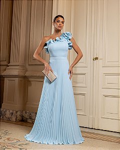 VESTIDO DE FESTA BOHEMIAN OMBRO FLOWERS - AZUL SERENITY