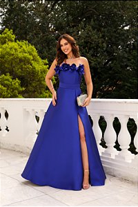 VESTIDO DE FESTA HOLAMBRA FLOWERS ZIBELINE - AZUL ROYAL