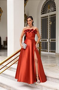 VESTIDO DE FESTA HOLAMBRA FLOWERS ZIBELINE - TERRACOTA