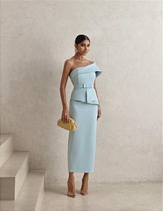 VESTIDO ESPANHA LONGUETE UM OMBRO COM CINTO - AZUL CLARO