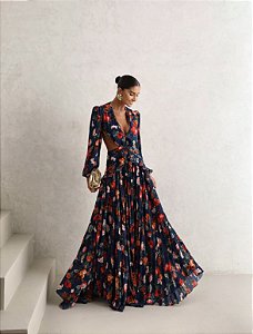 VESTIDO LONGO TRANCOSO ESTAMAPADO FLOWERS - MARINHO