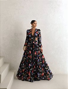 VESTIDO LONGO TRANCOSO ESTAMAPADO FLOWERS - PRETO