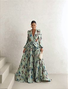 VESTIDO LONGO TRANCOSO ESTAMAPADO FLOWERS - MENTA