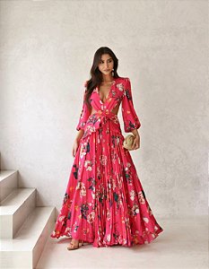 VESTIDO LONGO TRANCOSO ESTAMAPADO FLOWERS - ROSA