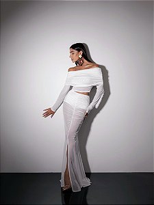 CONJUNTO BLUSA ML TULE OMBRO A OMBRO E SAIA LONGA TULE SEREIA SUMMER BOHO - BRANCO