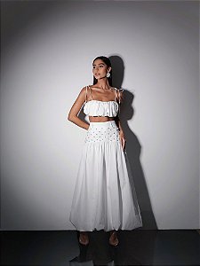 CONJUNTO CROPPED BALONÊ E SAIA PÉROLAS SUMMER CHIC - OFF WHITE