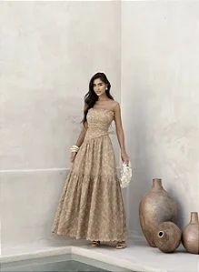 VESTIDO LONGO LAISE SAIA RECORTES - DOCE DE LEITE