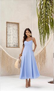 VESTIDO MIDI ANDREÁ 100% LINHO - AZUL