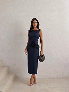 VESTIDO LONGUETE ROSES ABERTO COSTAS - AZUL MARINHO