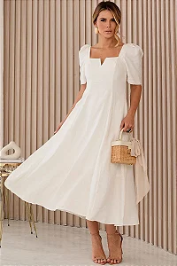 VESTIDO DAFNY DECOTE V COM MANGA - OFF WHITE