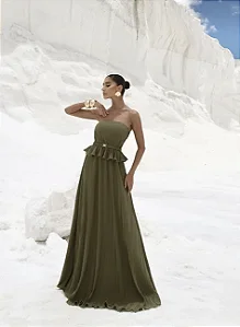 VESTIDO LONGO CREPE PLISSADO MALDIVAS - VERDE MUSGO