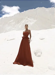 VESTIDO LONGO CREPE PLISSADO MALDIVAS - TERRACOTA