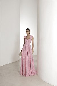 VESTIDO LONGO EM LAISE CURAÇAO COM BABADOS - ROSA