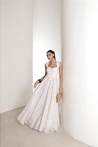 VESTIDO LONGO EM LAISE CURAÇAO COM BABADOS - BRANCO COM BEGE