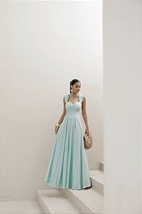 VESTIDO LONGO EM LAISE CURAÇAO COM BABADOS - TURQUESA