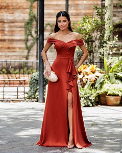VESTIDO DE FESTA PRISCILA CREPE ACETINADO OMBRO A OMBRO - TERRACOTA