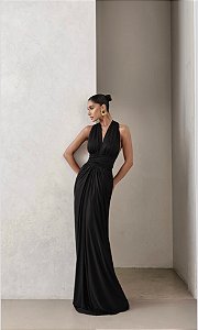 VESTIDO LONGO DRAPEADO COSTAS ARCO JENNYFER - PRETO