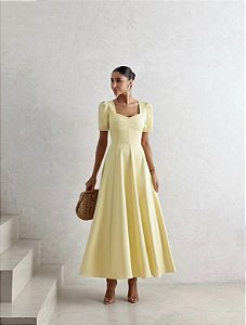 VESTIDO MIDI ALFAIATARIA MANGA BUFANTE - AMARELO