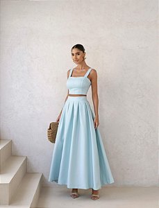 CONJUNTO LAIS ALFAIATARIA CROPPED E SAIA MIDI - AZUL CLARO