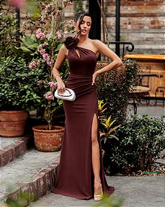 VESTIDO DE FESTA NULA MANGA FLOWERS CREPE FRANCÊS - MARROM