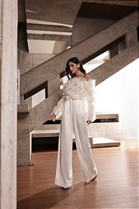 CALÇA PANTALONA ACETINADA CELEBRATION - OFF WHITE