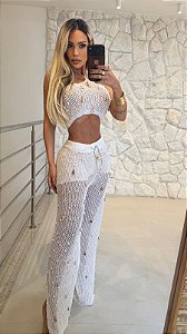 CONJUNTO CALÇA PANTALONA CROCHÊ PÉROLAS CELEBRATION - BRANCO