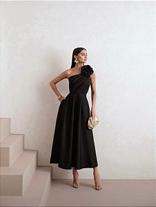 VESTIDO MIDI FLOWERS NULA MANGA - PRETO