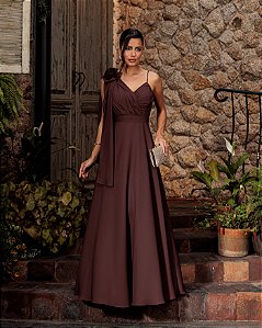 VESTIDO DE FESTA ORQUIDEA CREPE MUSSELINE - MARROM