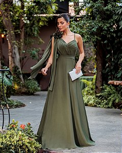 VESTIDO DE FESTA ORQUIDEA CREPE MUSSELINE - VERDE OLIVA