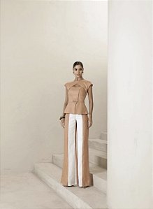 CONJUNTO ATENAS BICOLOR 100% LINHO - CAMEL