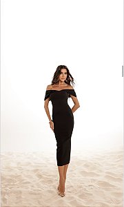 VESTIDO MIDI LÁPIS MANGA PREGAS - PRETO