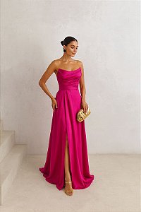 VESTIDO DE FESTA CINTIA T.Q.C LONGO FENDA - FÚCSIA