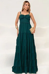 VESTIDO FLÁVIA LONGO DRAPEADO CHIFFON - VERDE PETRÓLEO