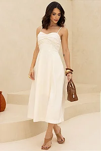 VESTIDO ELIZANDRA ALÇAS FINAS PREGAS BUSTO - BEGE