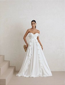 VESTIDO LONGO PUNTA CANA BABADOS CHIFON - OFF WHITE